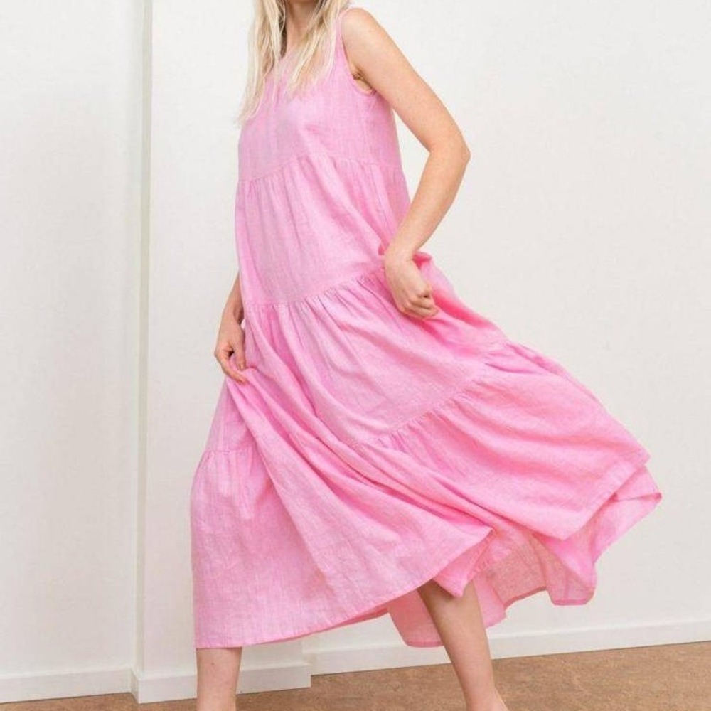 Tribe Alive Laude The Label Pink Orchid Tiered Maxi Dress Linen Size Small